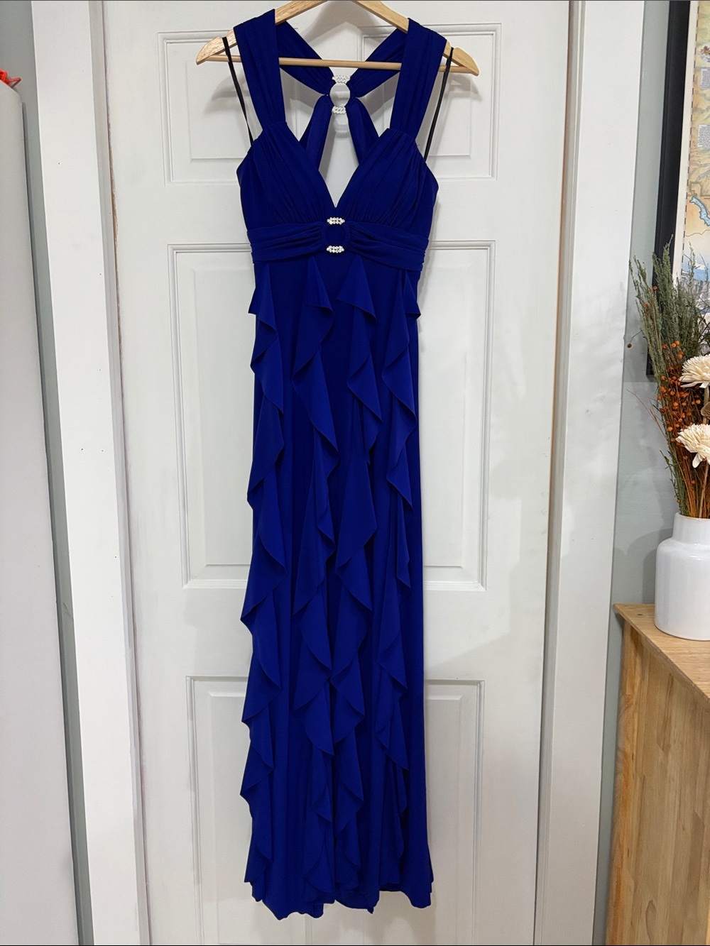Betsy & Adam Deep Cobalt Ruffle-Front Maxi Dress